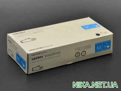 Рукавички латексні "Santex" / білі / припудрені / не стерильні  / розмір-M/ 100шт