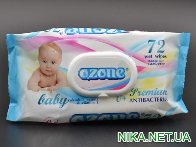 Серветки вологі "OZONE" / Premium / з клапаном / дитячі / З екстрактом календули і вітаміном Е / 72 шт